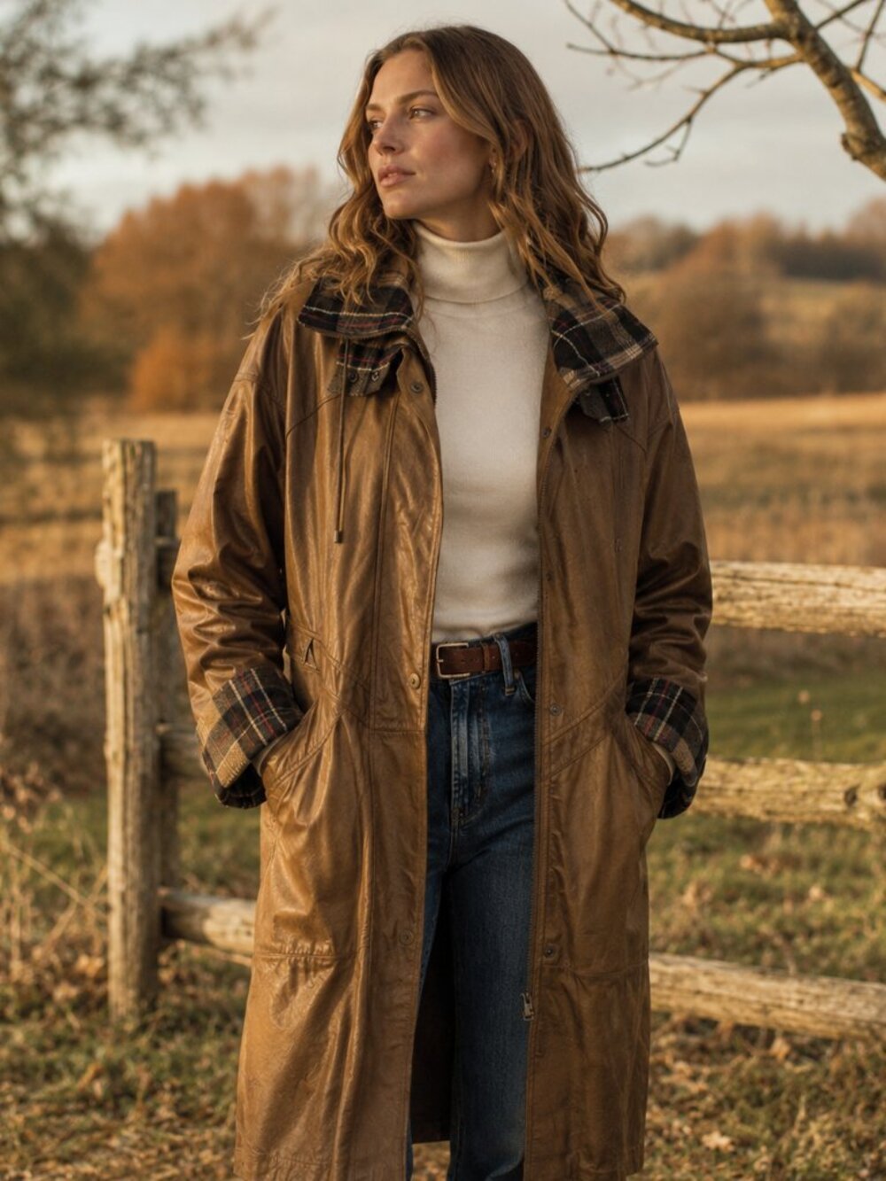 Vintage 1980s G-III Leather Coat Plaid Trim Long Jacket Medium